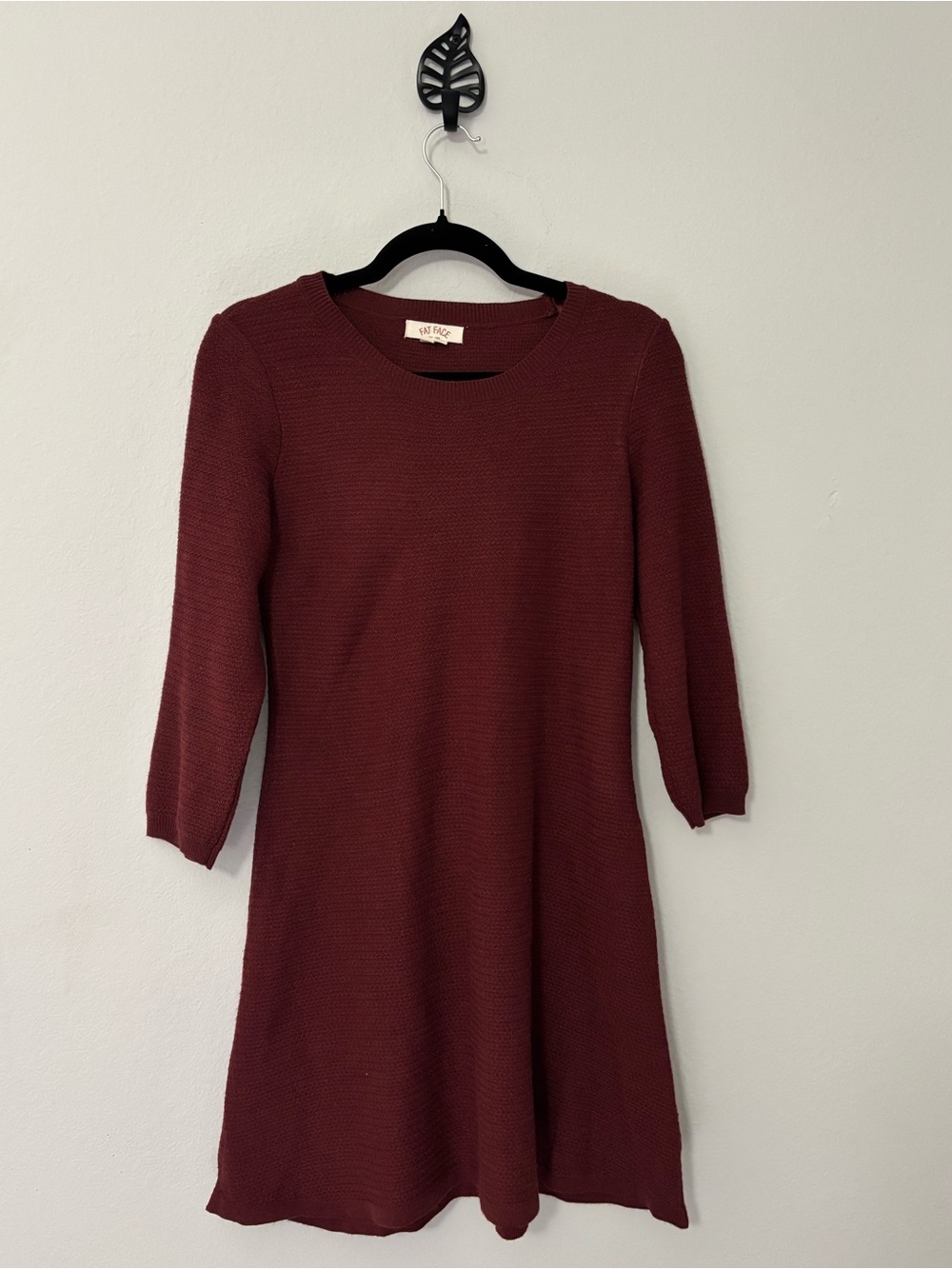 Fat Face Burgundy Textured Knit Sweater Dress 3/4 Sleeve A-Line Sz 6